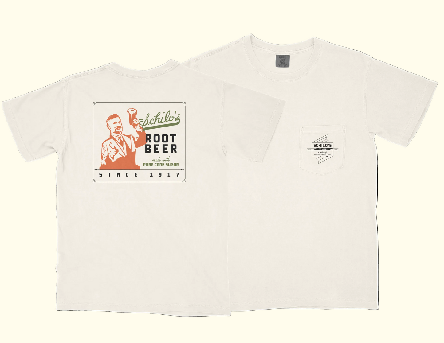 Beige t-shirt with vintage-style root beer label design on a white background