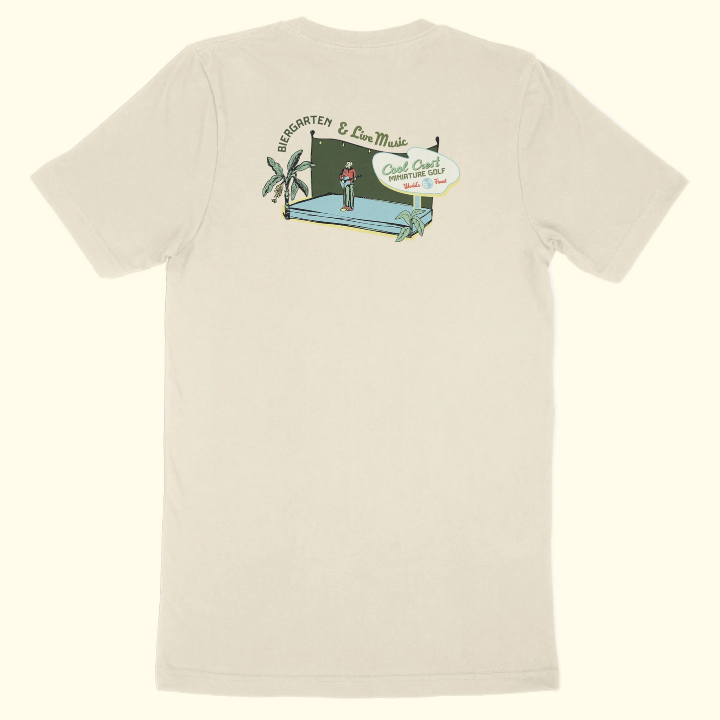 Beige t-shirt with a graphic design on the back against a white background