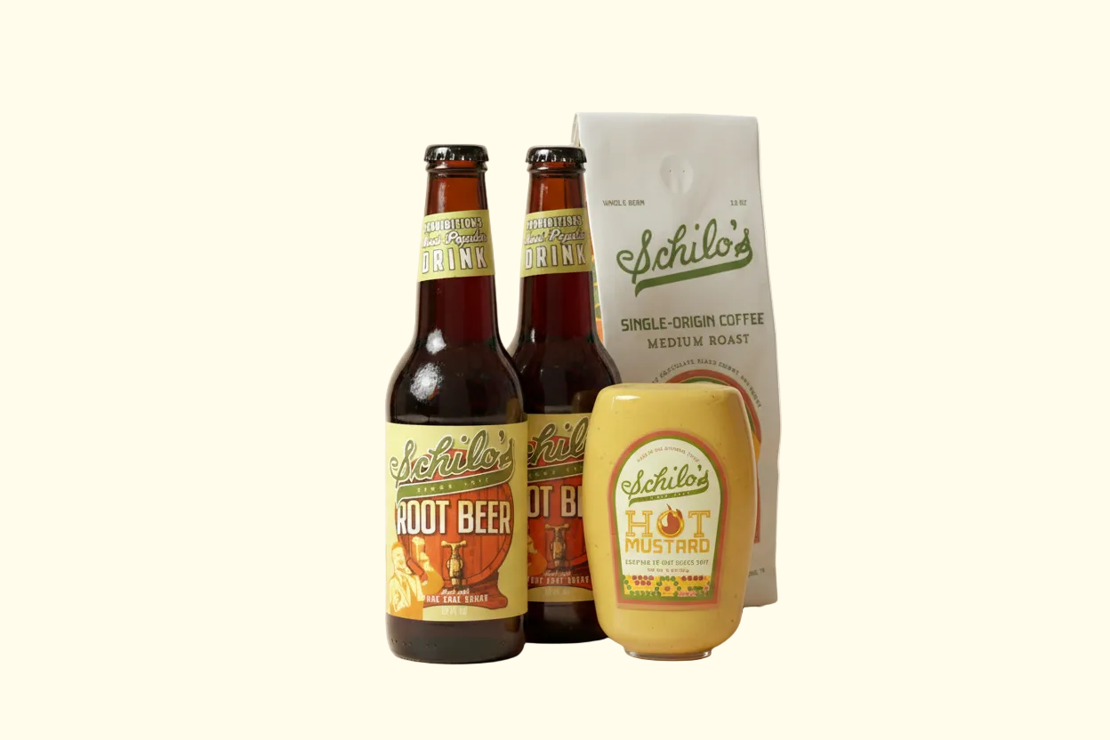 Schilo's bundle mockup with root beer, mustard, and coffee